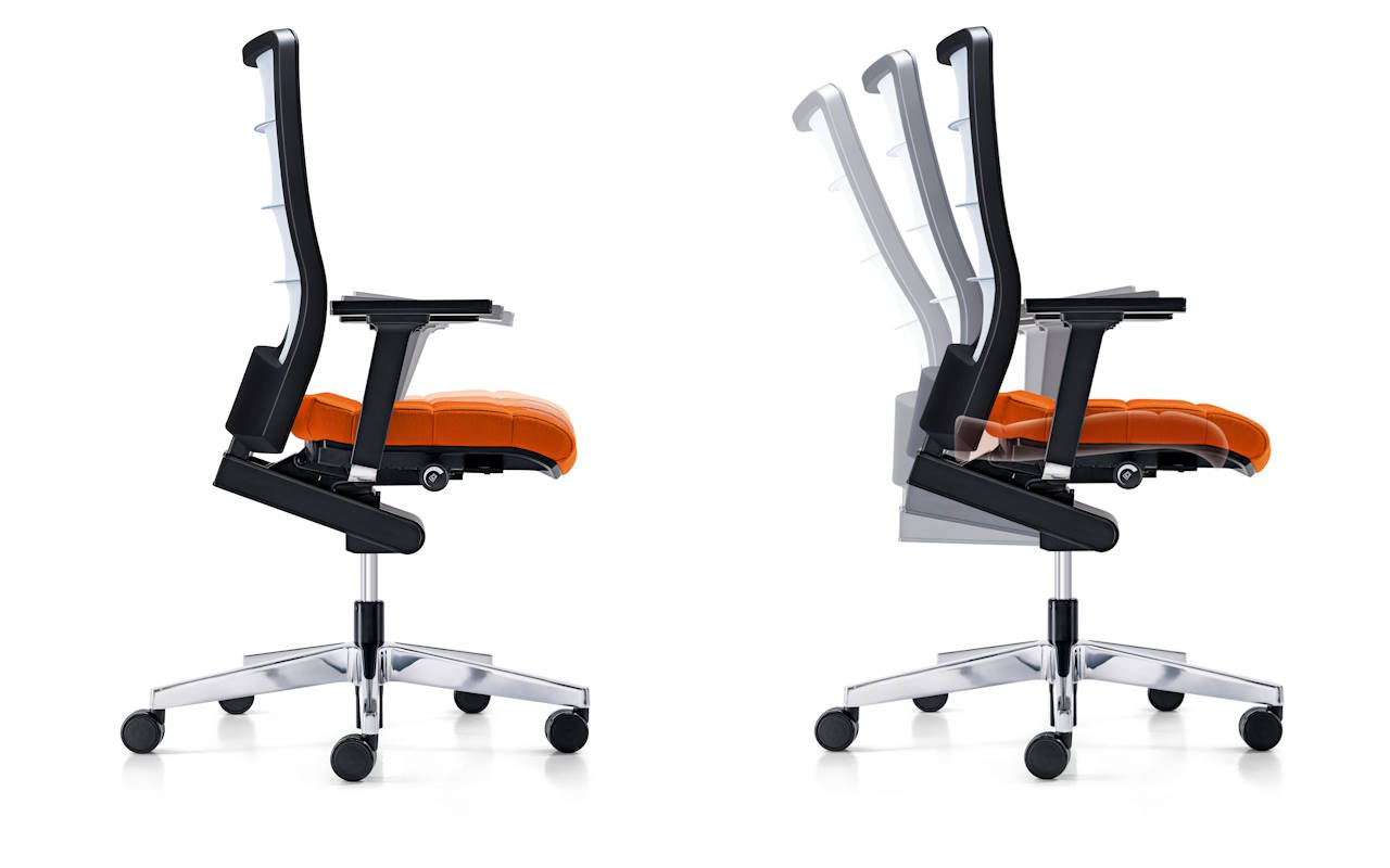 usporedba i prikaz gibanja naslona ergonomske stolice AirPad pomocu integirranog sinkro mehanizam